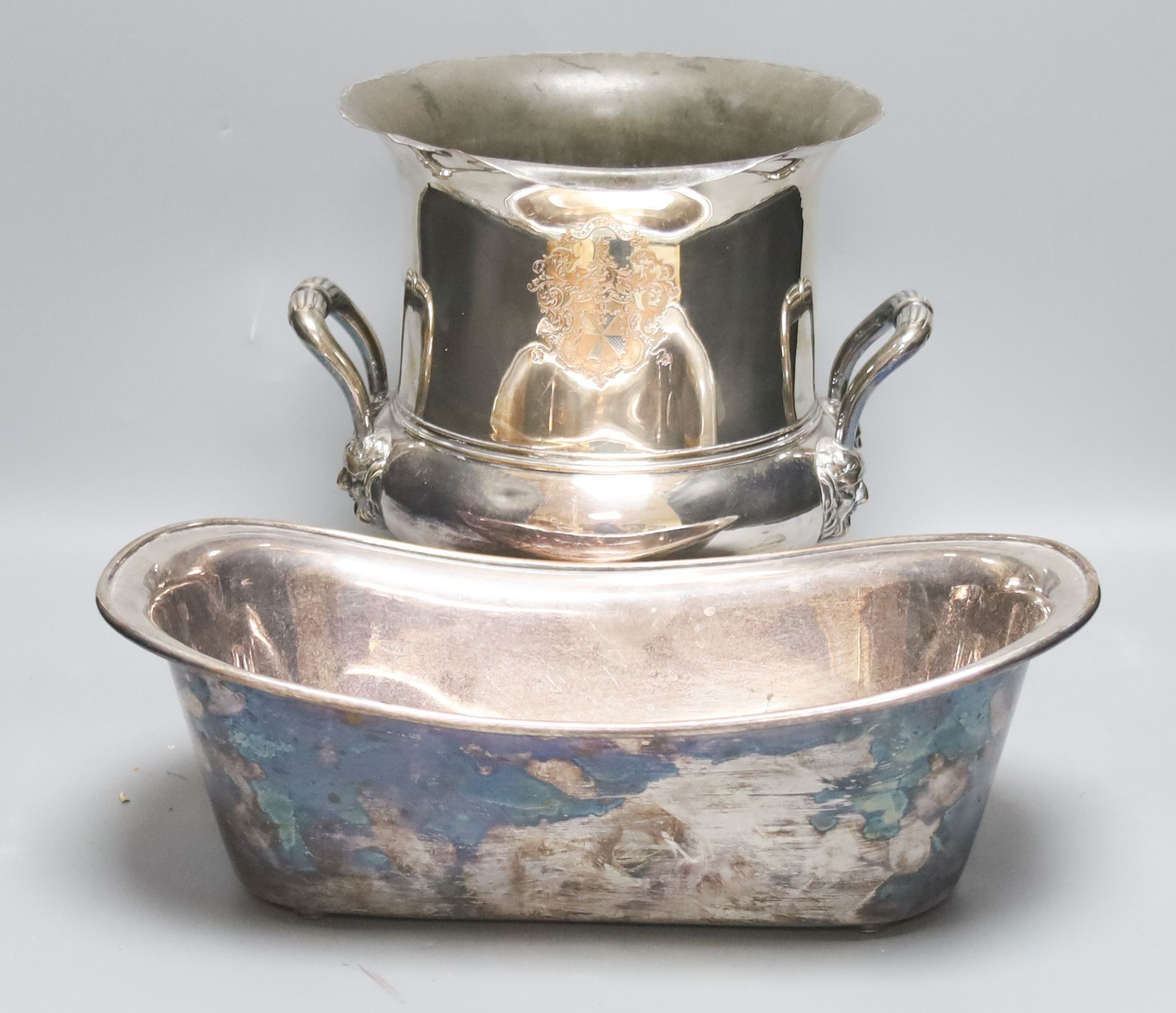 An early Victorian silver plated wine cooler and a Victorian plated knife tray 25cm
